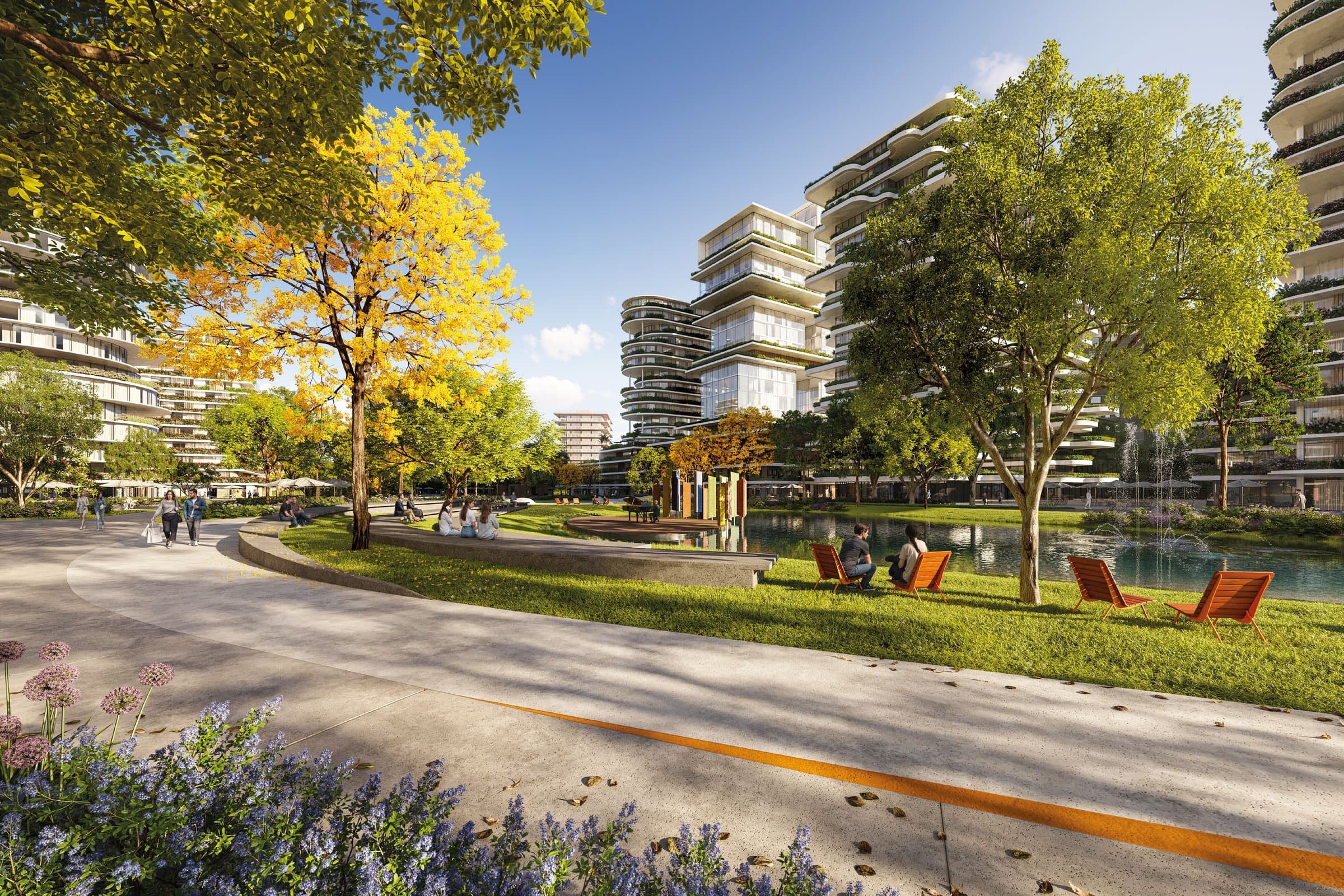 Parque aberto do Vivapark, sem muros, com lago, caminhos e área de convivência entre os edifícios